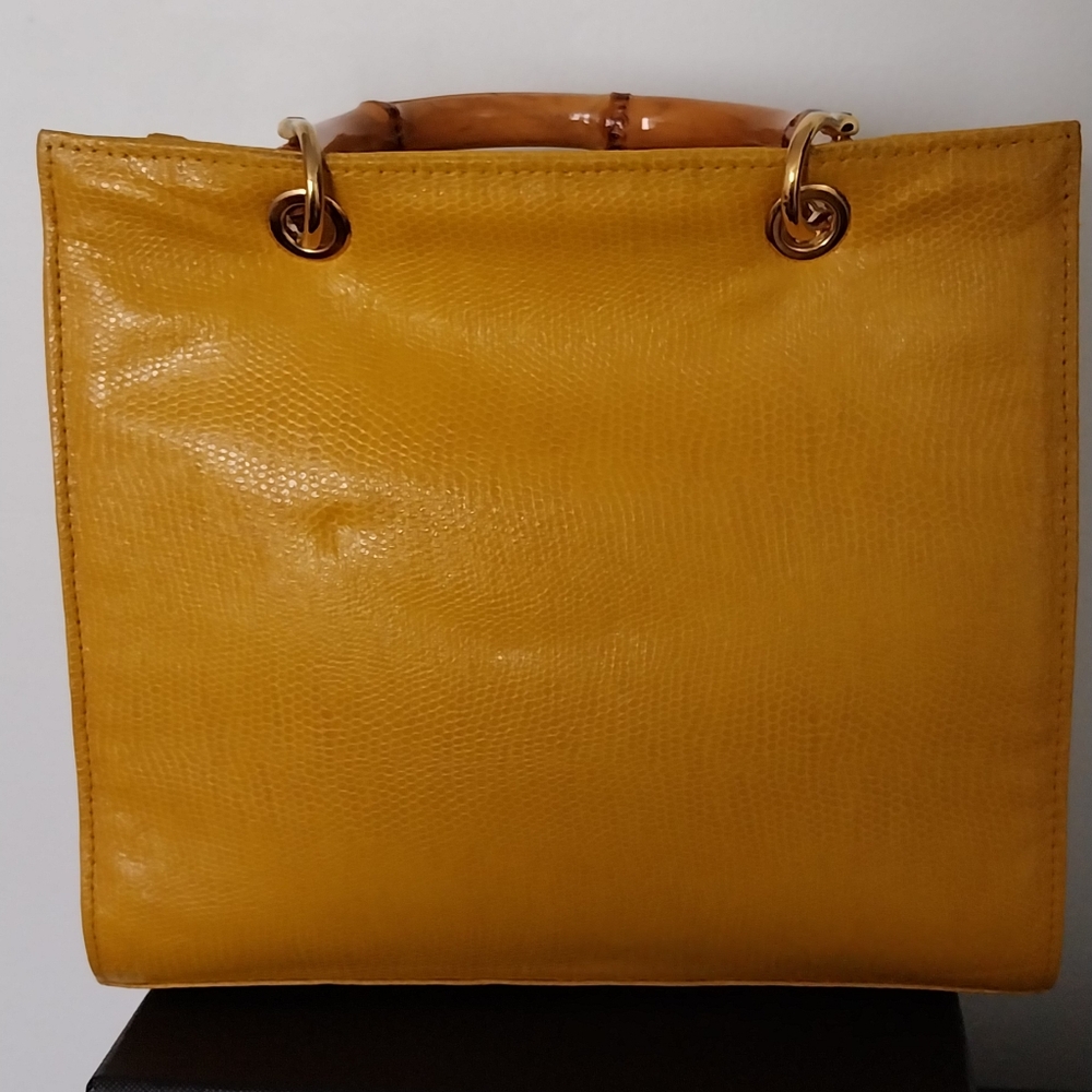 Yellow Faux Leather Handbag with Bamboo Handles